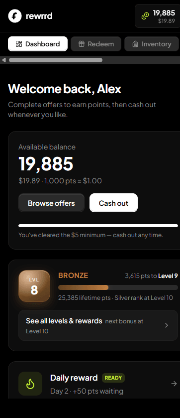 The Rewrrd dashboard showing points balance, level, and daily reward
