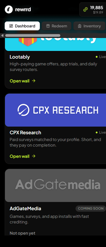 Offer walls on Rewrrd including Lootably and CPX Research