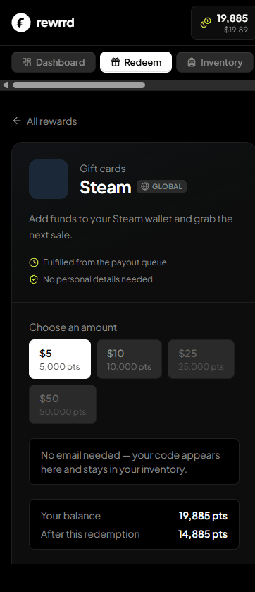 Redeeming a Steam gift card on Rewrrd with amount options