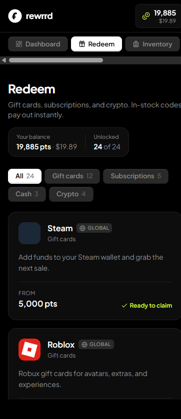 The Rewrrd redeem catalog with gift cards, subscriptions, and crypto