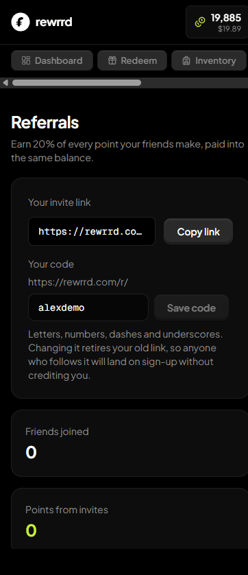 The Rewrrd referrals page with an invite link and 20% bonus