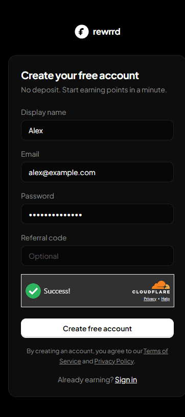 The Rewrrd sign-up form with name, email, and password fields